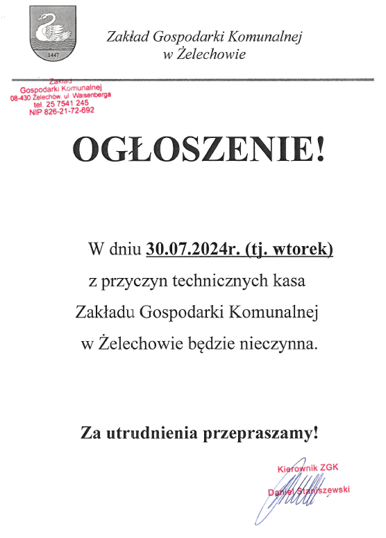 Miniaturka artykułu Ogłoszenie Zakładu Gospodarki Komunalnej w Żelechowie